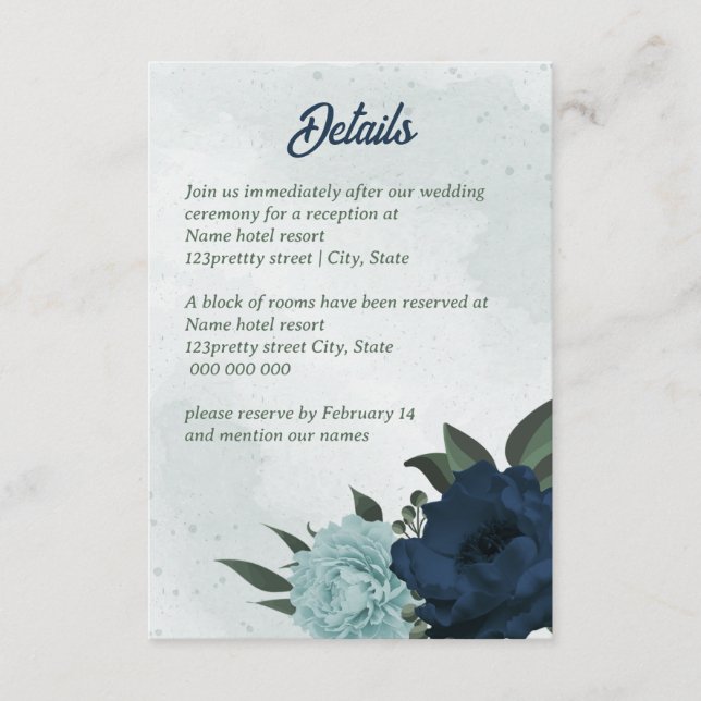 Cartão De Informações Casamento botânico com flores azuis e marinhos (Frente)