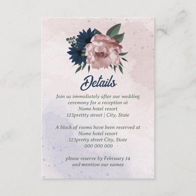 Cartão De Informações casamento botânico com flores rosa e marinhos (Frente)