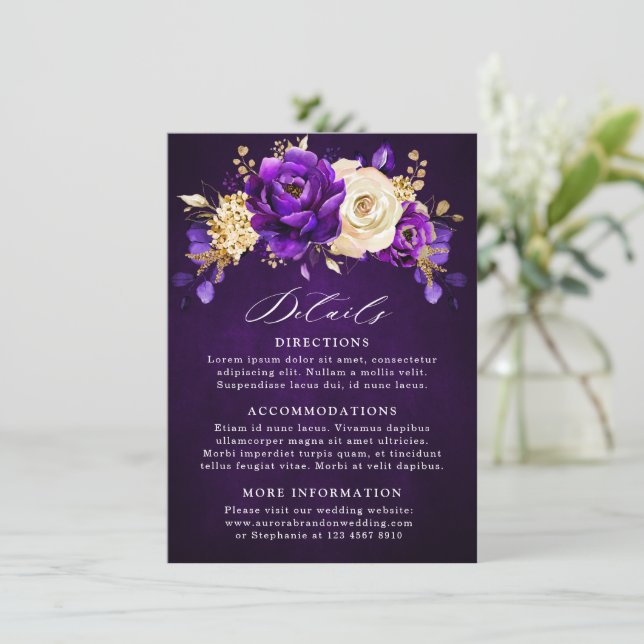 Cartão De Informações Casamento Botânico Dourado Violeta Roxo Real (Em pé/Frente)