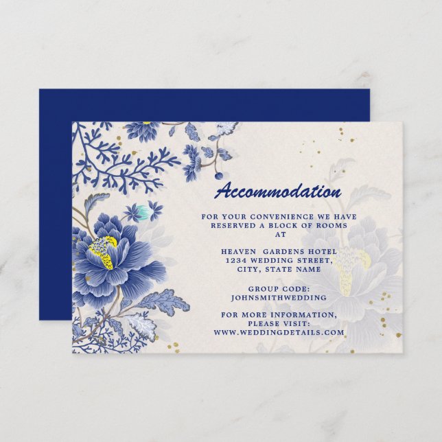 Cartão De Informações Casamento Botânico Floral Azul Elegante (Frente/Verso)