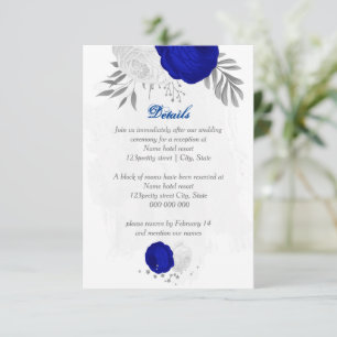 Cartão De Informações casamento botânico floral azul real e branco prata