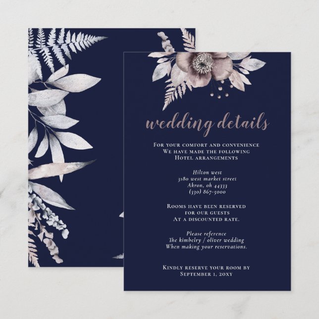 Cartão De Informações Casamento Botânico Floral Mauve Marinho Russo (Frente/Verso)