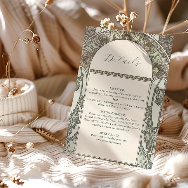 Cartão De Informações Casamento Bougainvillea Green Art Nouveau Mucha (Criador carregado)