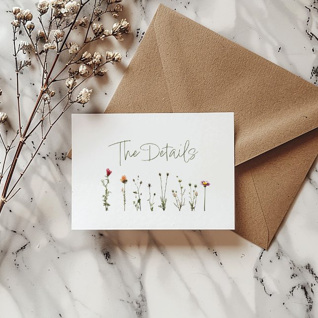 Cartão De Informações Casamento branco de flores silvestres (Pretty wild flowers wedding "The Details" card.)