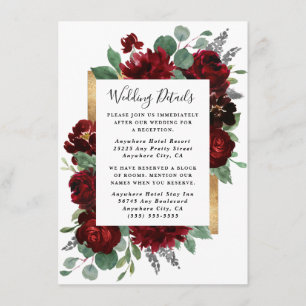 Cartão De Informações Casamento branco verde-Rosas vermelhos e Dourados