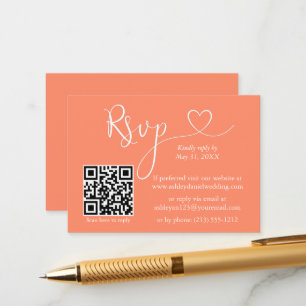 Cartão De Informações Casamento Cardíaco de Caligrafia Moderna QR RSVP C