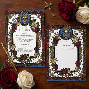 Cartão De Informações Casamento Católico com Vitral Rosa Borgonha