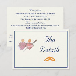 Cartão De Informações Casamento Católico de Dois Corações Azul Marinho e