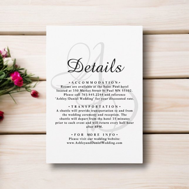 Cartão De Informações Casamento Chic De Monograma Branco E Preto Minimal (Criador carregado)