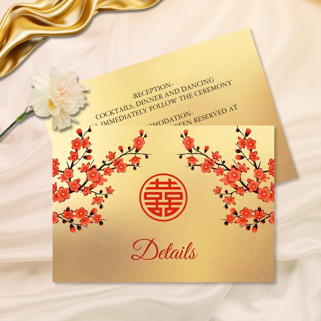 Cartão De Informações Casamento Chinês Dourado Vermelho de Cereja (Criador carregado)