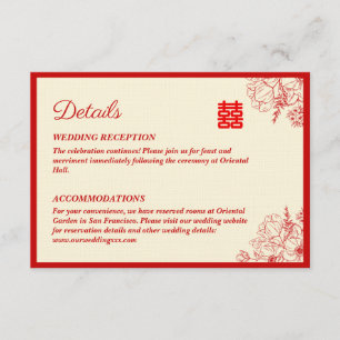 Cartão De Informações Casamento chinês vermelho bege floral oriental