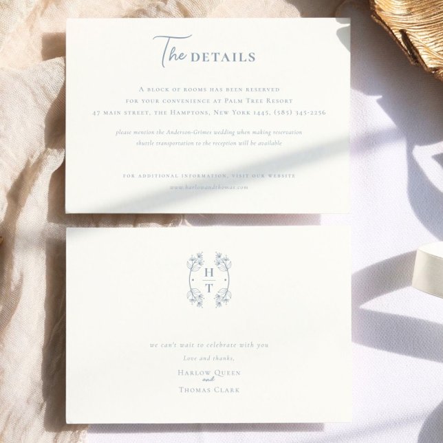 Cartão De Informações Casamento Clássico de Monograma Azul (Criador carregado)