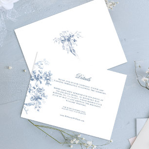 Cartão De Informações Casamento Clássico Francês com Flores Azuis e Fita