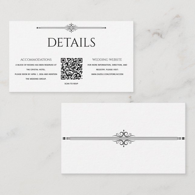 Cartão De Informações Casamento Clássico Preto e Branco com Código QR Vi (Frente/Verso)