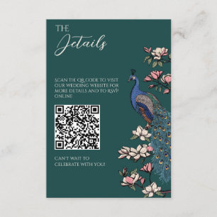 Cartão De Informações Casamento Código QR do Pavão Verde Esmeralda