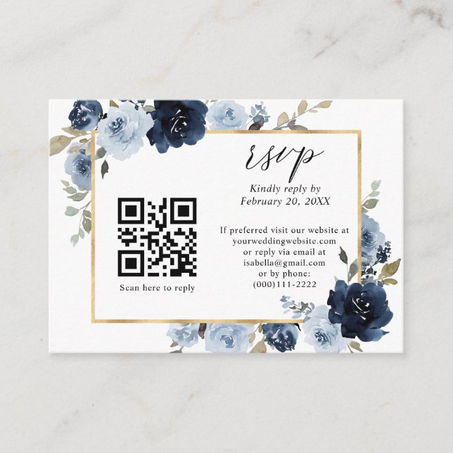 Cartão De Informações Casamento Código QR Floral Azul Navy Dourado RSVP (Frente)