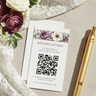 Cartão De Informações Casamento Código QR Floral Rosa e Salvia