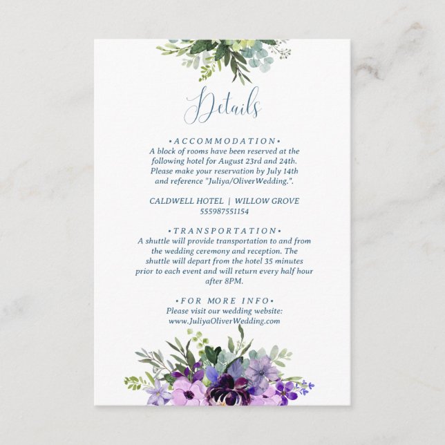 Cartão De Informações Casamento código QR floral roxo  (Frente)