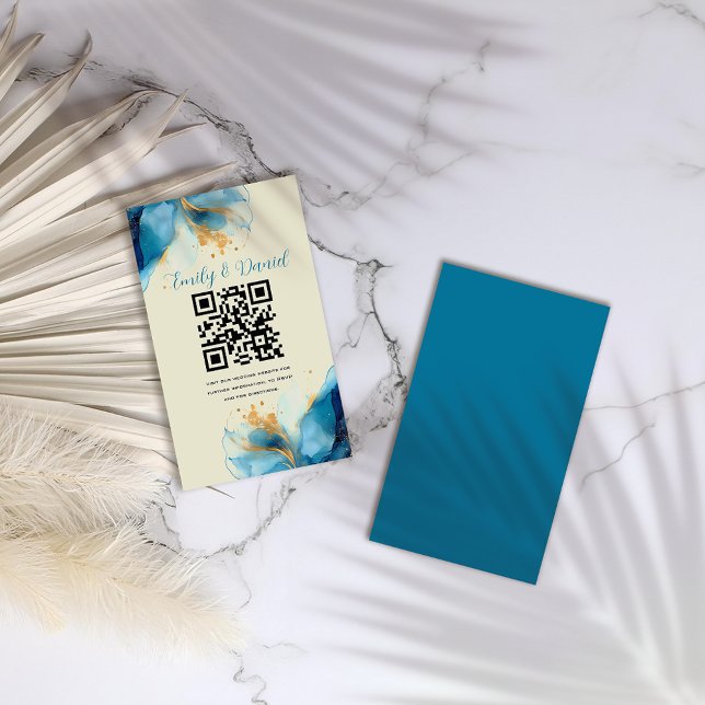 Cartão De Informações Casamento com abstrato Azul e Dourada Aquarela (Criador carregado)
