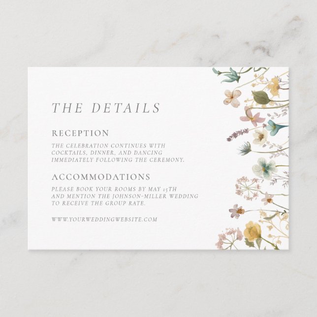 Cartão De Informações Casamento com detalhes de flores prensadas elegant (Frente)