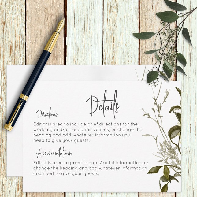 Cartão De Informações Casamento com detalhes florais modernos Boho Green (Criador carregado)