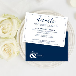 Cartão De Informações Casamento com Letra de Borda Azul Naval e Branco E