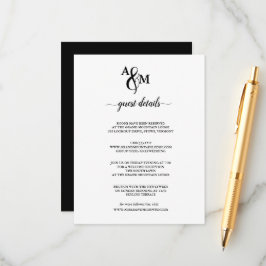 Cartão De Informações Casamento com Monograma Preto e Branco Moderno