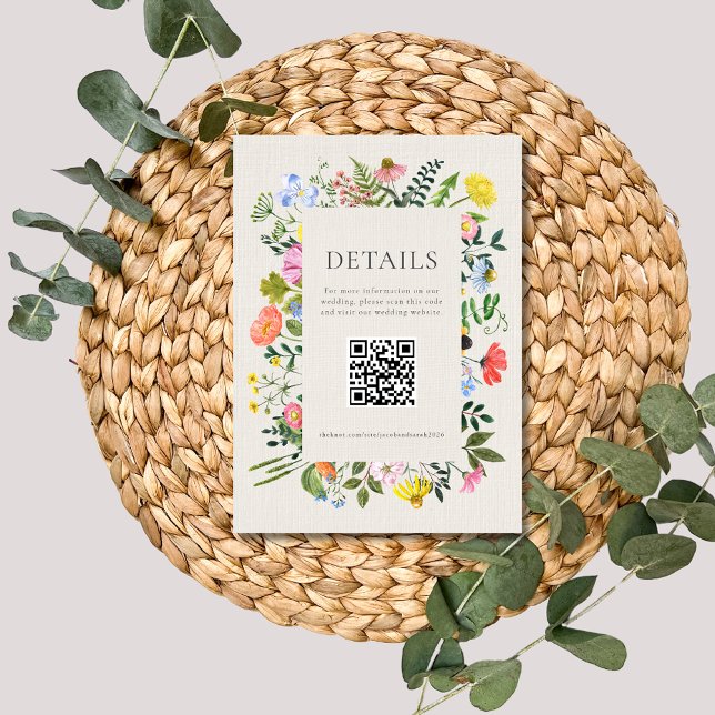 Cartão De Informações Casamento com o Código QR do Bloom Wildflower do J (Garden's Bloom Wildflower QR Code Wedding Enclosure Card)