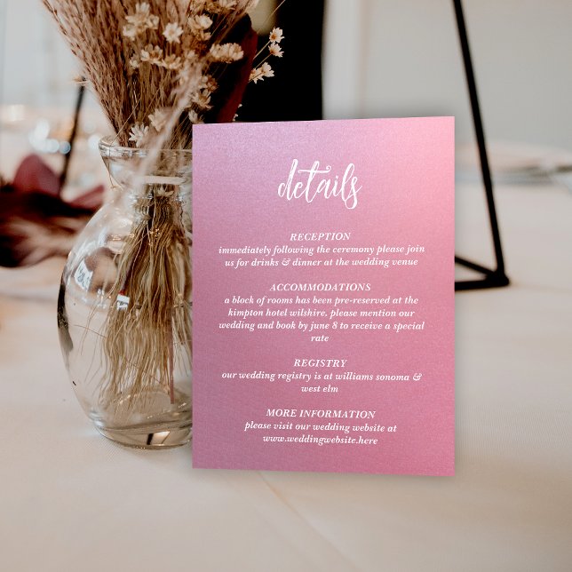Cartão De Informações Casamento com Script de Largura Rosa rosa (Rose Pink Glitter Script Wedding Enclosure Card)