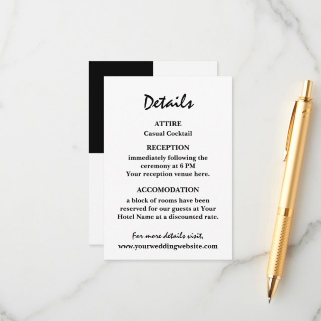 Cartão De Informações Casamento Contemporâneo Elegante Preto e Branco (Frente/Verso In Situ)