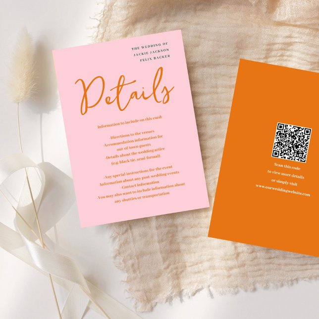 Cartão De Informações Casamento cores divertidas rosa e laranja abstrato (Abstract Pink & Orange fun colors Wedding Enclosure Card)
