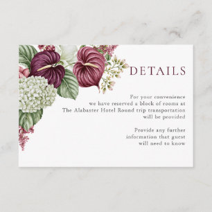 Cartão De Informações Casamento de Anthurium e Hortênsia com Vinho Borgo