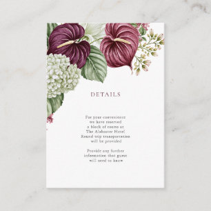 Cartão De Informações Casamento de Anthurium e Hortênsia com Vinho Borgo