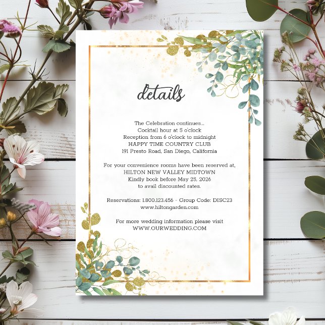 Cartão De Informações Casamento de aquarela em verde e dourado com eucal (Criador carregado)