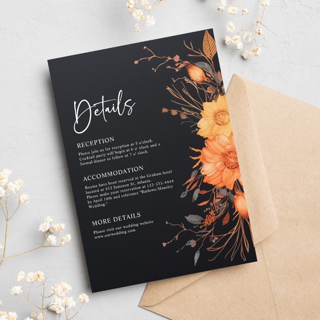 Cartão De Informações Casamento De Aquarelas Florais De Queda Negra Eleg (Elegant Black Fall Floral Watercolor Wedding Enclosure Card)