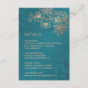 Cartão De Informações Casamento de Arte de Linha Floral em Rose Gold e A