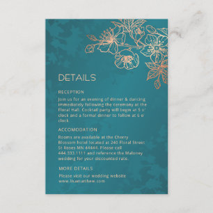 Cartão De Informações Casamento de Arte Linear Floral em Rose Gold e Azu