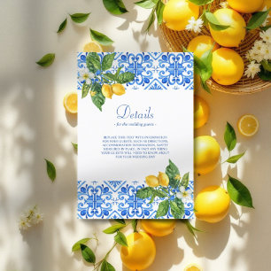 Cartão De Informações casamento de azulejos azuis mediterrâneo e limões 