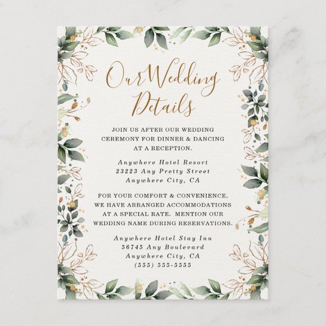 Cartão De Informações Casamento de Boho Leaf Boho, Dourado Elegante Verd (Frente)