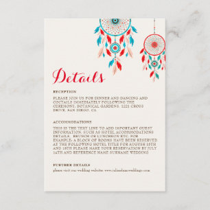 Cartão De Informações Casamento de Boho Tribal com Dreamcatcher de penas