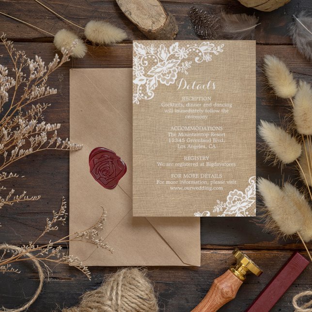 Cartão De Informações Casamento De Burlap E Lace Rustic Country (Criador carregado)