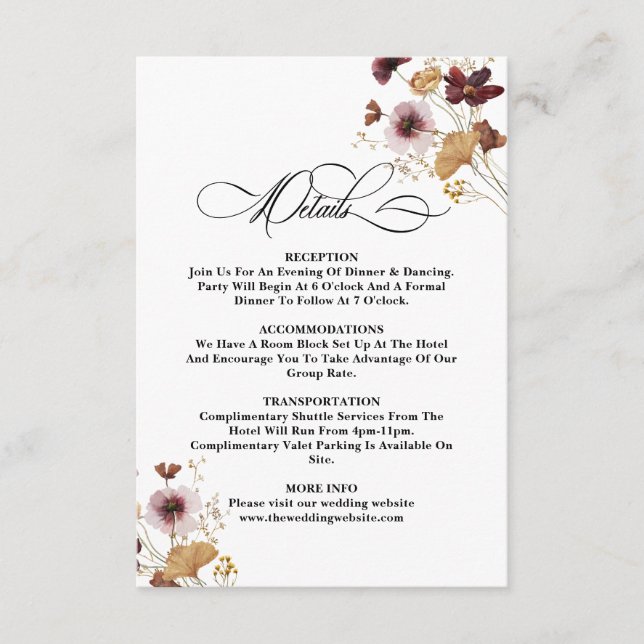 Cartão De Informações Casamento de Caligrafia Floral por Aquarela (Frente)