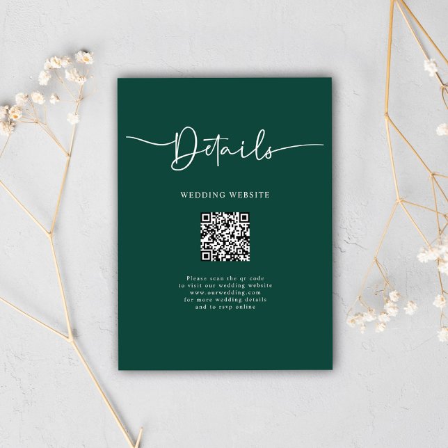 Cartão De Informações Casamento de Caligrafia Mínima do Código QR Emeral (Emerald Green Minimal QR Code Calligraphy Wedding Enclosure Card)