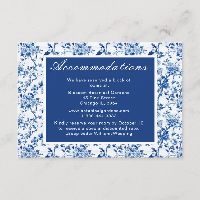 Cartão De Informações Casamento de Chinoiserie Blue Birds and Flowers (Frente)