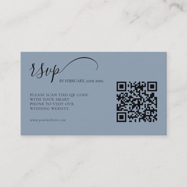 Cartão De Informações Casamento de Código QR de RSVP Azul RSVP de Script (Frente)