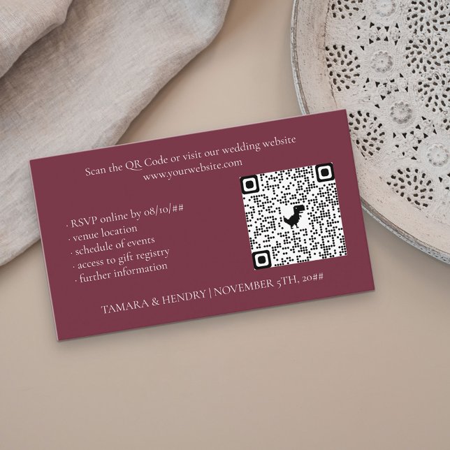 Cartão De Informações Casamento de Código QR RSVP Online Burgundy (Criador carregado)