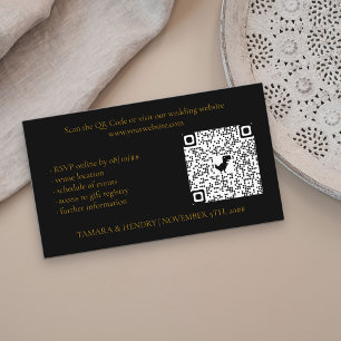 Cartão De Informações Casamento de Código QR RSVP Online Preto e Dourado