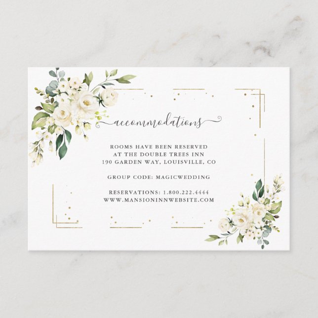 Cartão De Informações Casamento de Confetti Dourado Floral Branco de Aqu (Frente)