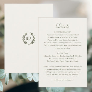 Cartão De Informações Casamento de Creme Verde do Monograma Elegante