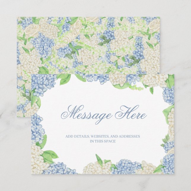 Cartão De Informações Casamento de Crest de Hydrangea Azul e Branco (Frente/Verso)